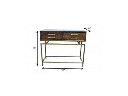 36" Brown and Brass Solid Wood Distressed Frame Console Table With Storage HomeRoots