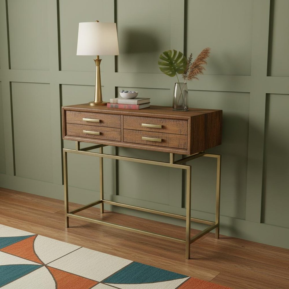 36" Brown and Brass Solid Wood Distressed Frame Console Table With Storage HomeRoots