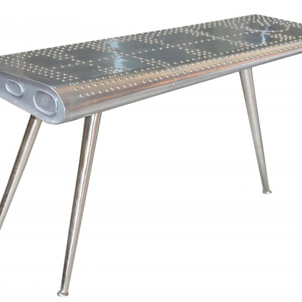 56" Silver Aluminum and Solid Wood Three Leg Console Table — view 6