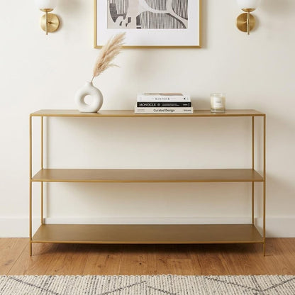 60" Brass Iron Console Table With Two Shelves HomeRoots