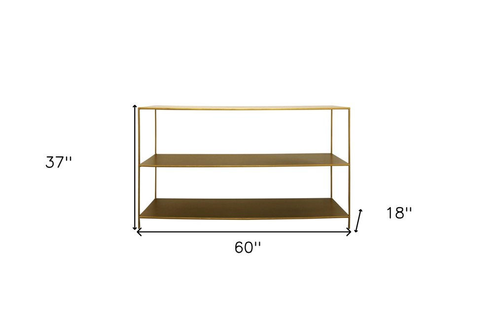 60" Brass Iron Console Table With Two Shelves HomeRoots
