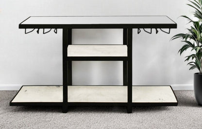 58" White and Black Genuine Marble Floor Shelf Console Table Two Shelves HomeRoots