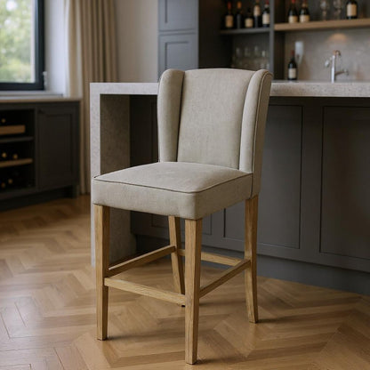 30" Gray And Brown Fabric And Linen And Solid Wood Bar Height Bar Chair HomeRoots