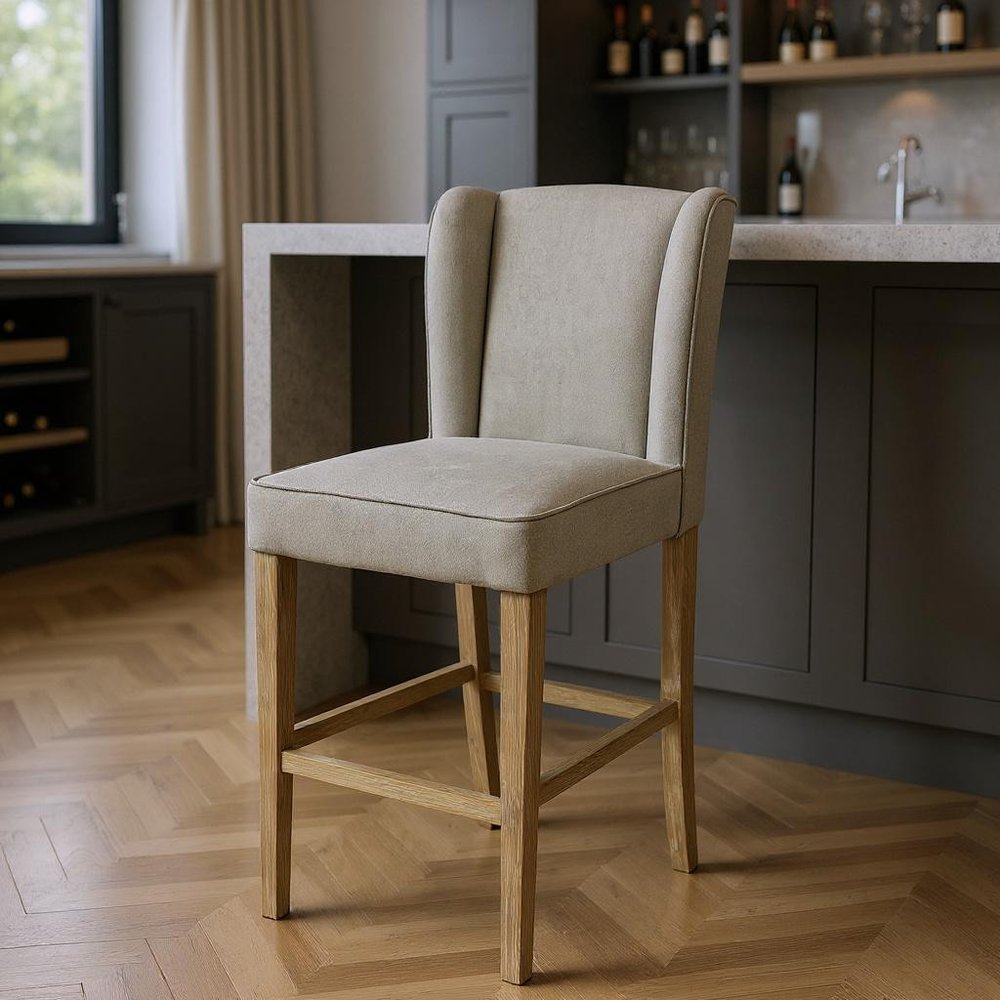 30" Gray And Brown Fabric And Linen And Solid Wood Bar Height Bar Chair — view 5