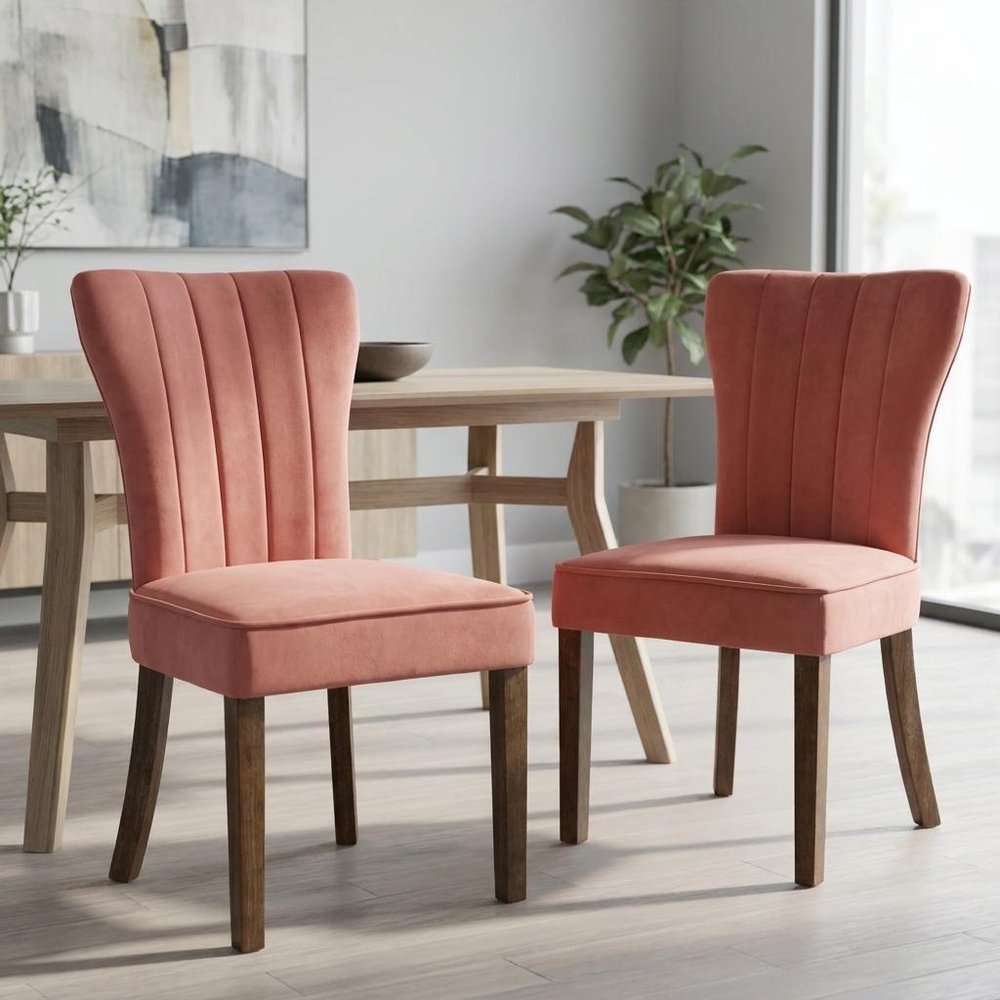 Set of Two Blush and Brown Upholstered Velvet Dining Parsons Chairs HomeRoots