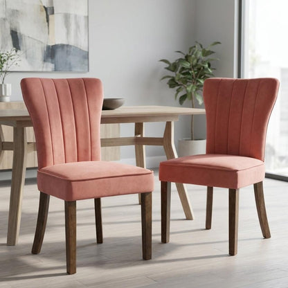 Set of Two Blush and Brown Upholstered Velvet Dining Parsons Chairs HomeRoots