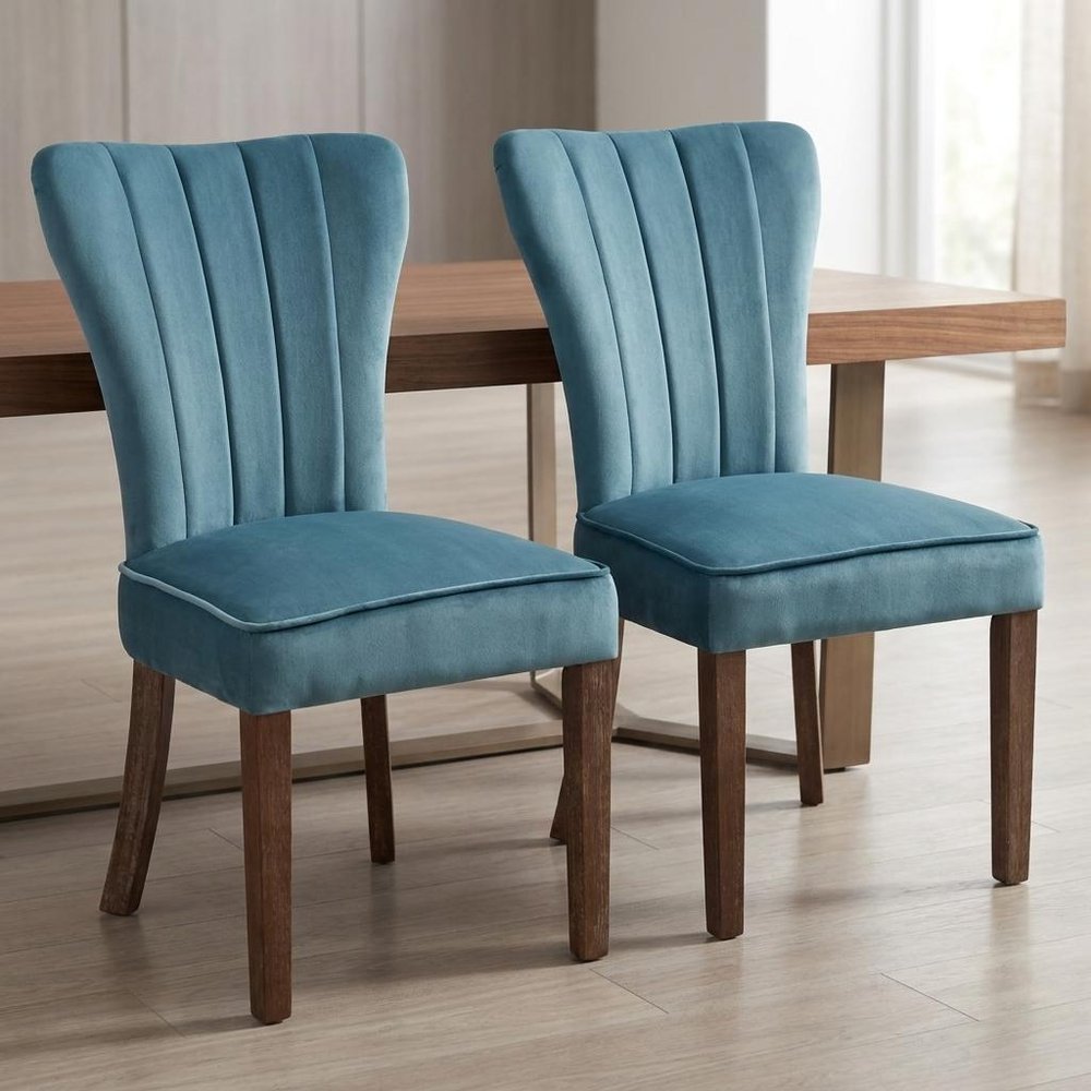 Set of Two Teal Blue and Brown Upholstered Velvet Dining Parsons Chairs HomeRoots