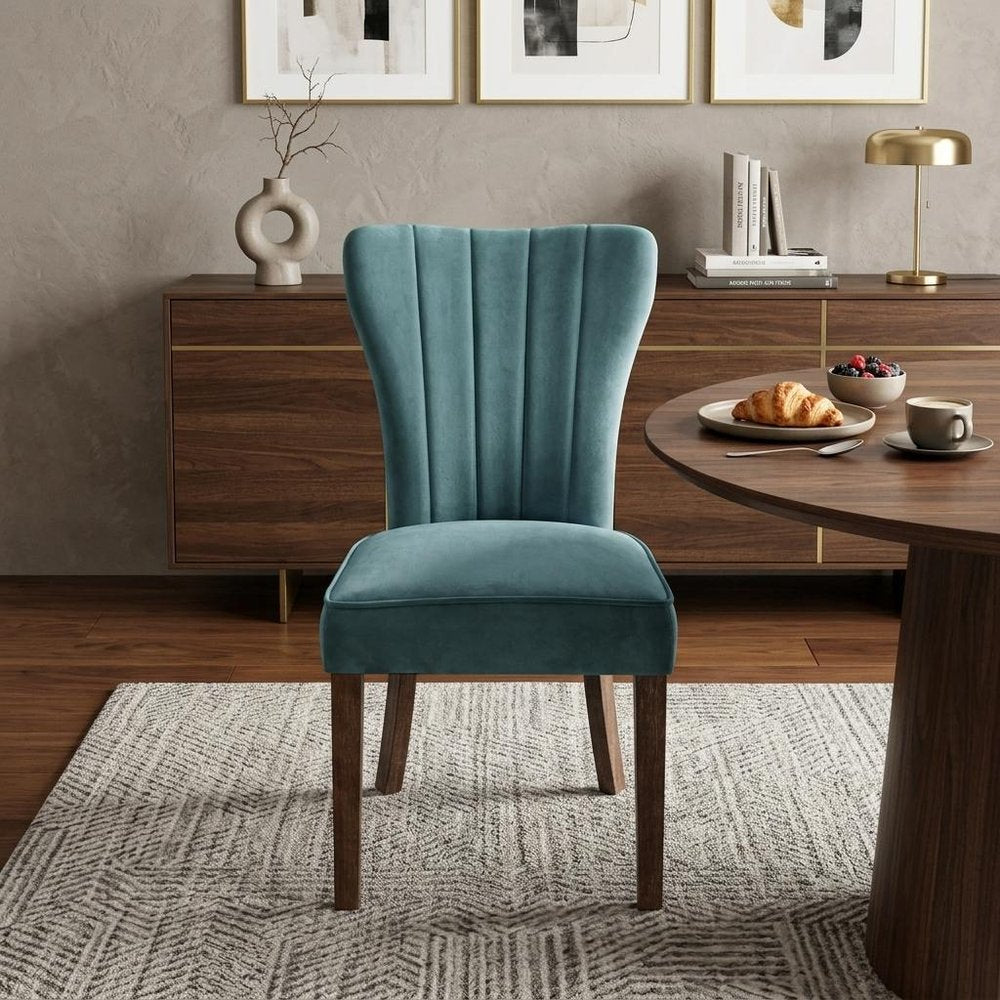 Set of Two Teal Blue and Brown Upholstered Velvet Dining Parsons Chairs HomeRoots