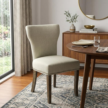 Set of Two Ivory and Brown Upholstered Fabric Dining Parsons Chairs HomeRoots