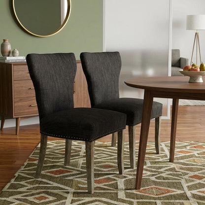 Set of Two Dark Gray And Brown Upholstered Fabric Dining Parsons Chairs HomeRoots