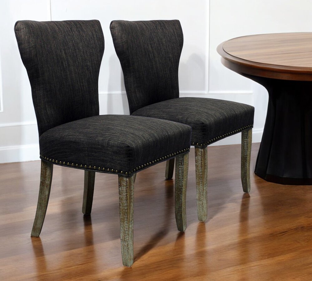 Set of Two Dark Gray And Brown Upholstered Fabric Dining Parsons Chairs HomeRoots