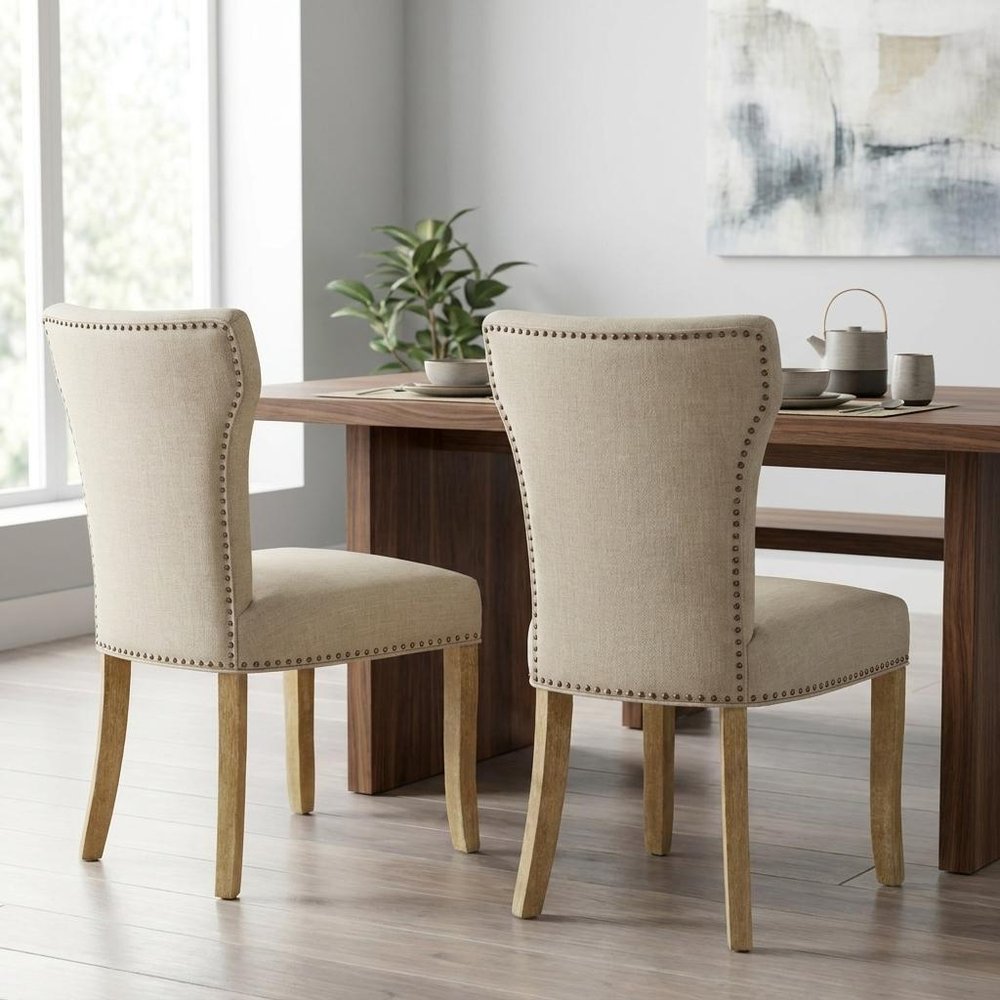 Set of Two Ivory and Natural Upholstered Fabric Dining Parsons Chairs HomeRoots