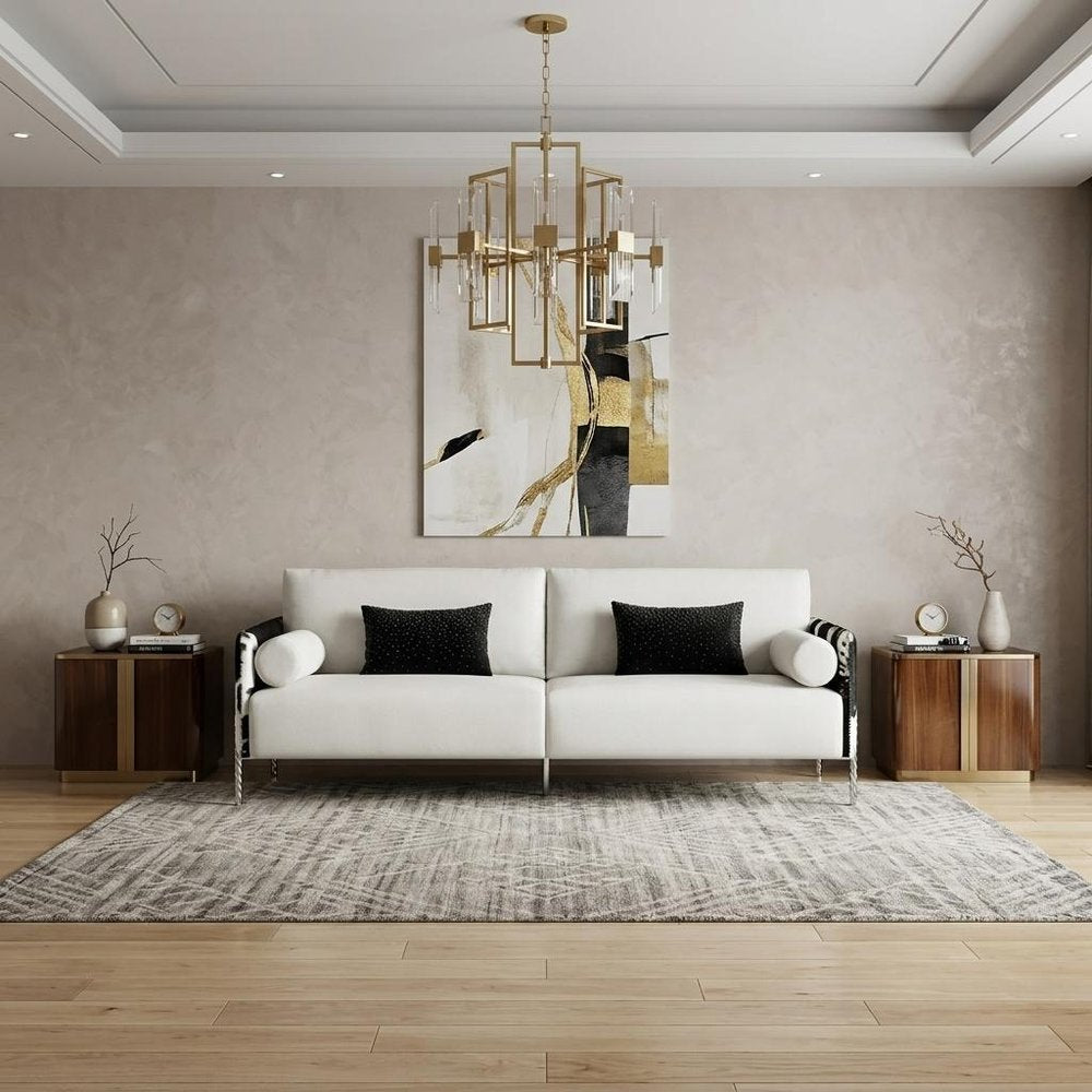 89" White Sofa And Toss Pillows With Silver Legs HomeRoots