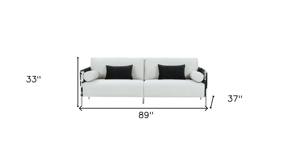 89" White Sofa And Toss Pillows With Silver Legs HomeRoots