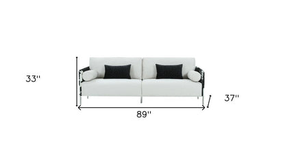89" White Sofa And Toss Pillows With Silver Legs HomeRoots