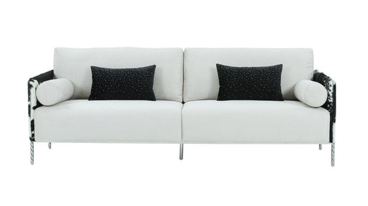 89" White Sofa And Toss Pillows With Silver Legs HomeRoots