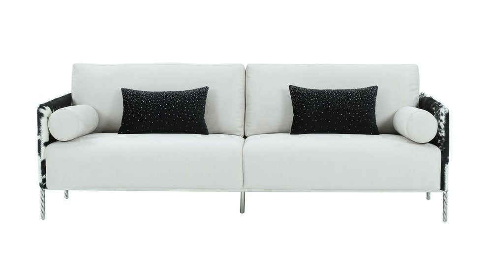 89" White Sofa And Toss Pillows With Silver Legs HomeRoots