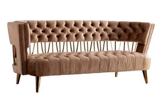 84" Beige Tufted Velvet and Gold Open Back Sofa