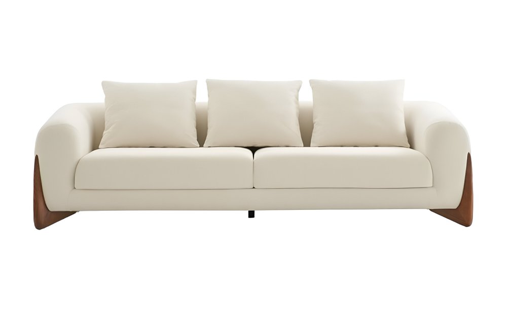 100" Cream Fabric Sofa With Wood Brown Legs — view 2
