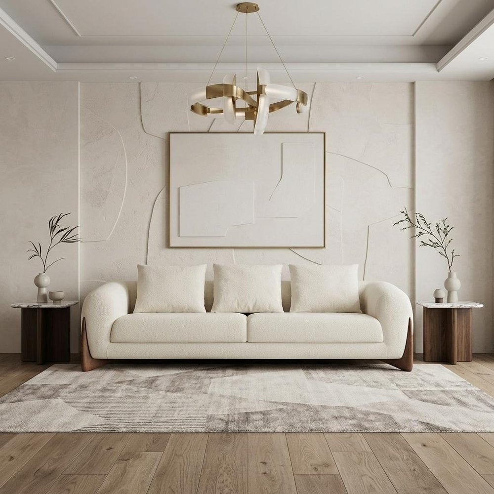 100" Cream Fabric Sofa With Wood Brown Legs — view 6