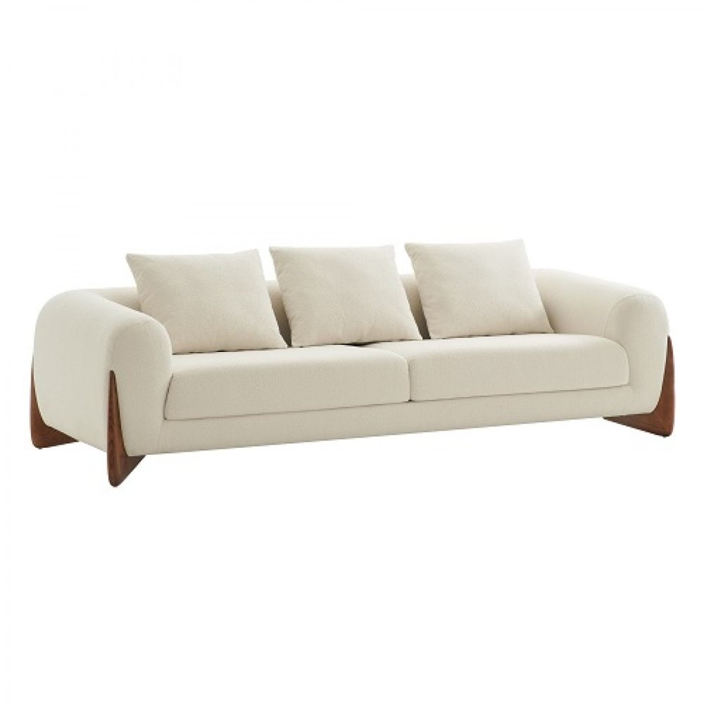 100" Cream Fabric Sofa With Wood Brown Legs — view 1