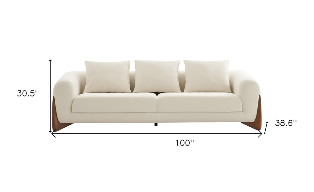 100" Cream Fabric Sofa With Wood Brown Legs — view 3