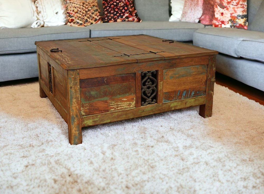 40" Brown Solid Wood Square Lift Top Solid Trunk Coffee Table HomeRoots