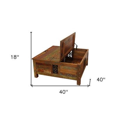 40" Brown Solid Wood Square Lift Top Solid Trunk Coffee Table HomeRoots