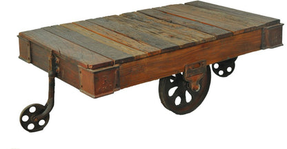 50" Brown and Black Solid Wood and Iron Distressed Wheel Coffee Table HomeRoots