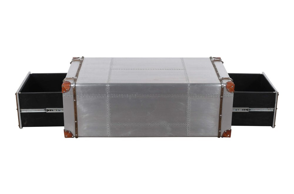 48" Silver Aluminum and Solid Wood Solid Coffee Table With Two Drawers HomeRoots