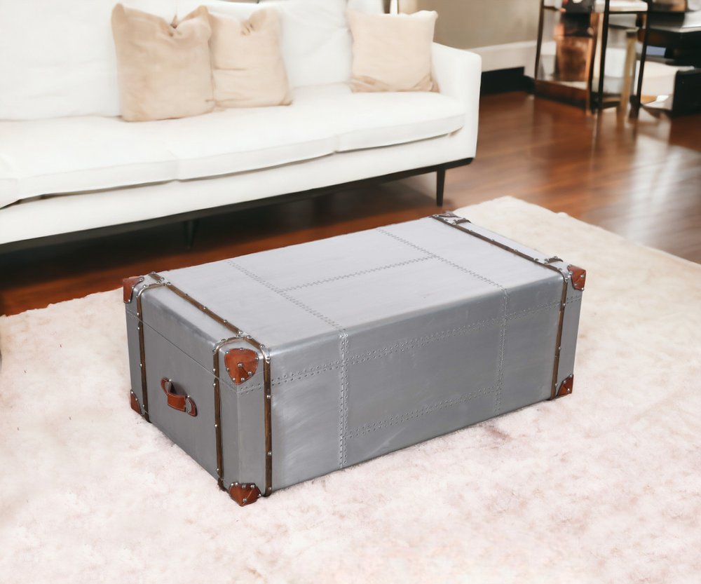48" Silver Aluminum and Solid Wood Solid Coffee Table With Two Drawers HomeRoots