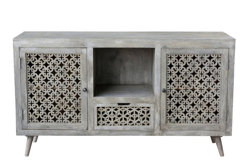 55" Gray Solid Wood Cabinet Enclosed Storage Worn TV Stand HomeRoots