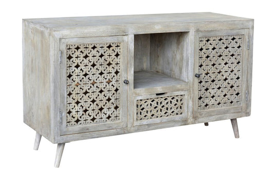 55" Gray Solid Wood Cabinet Enclosed Storage Worn TV Stand HomeRoots