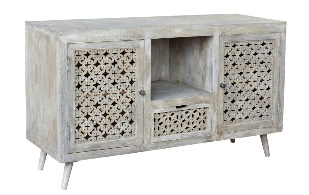 55" Gray Solid Wood Cabinet Enclosed Storage Worn TV Stand HomeRoots