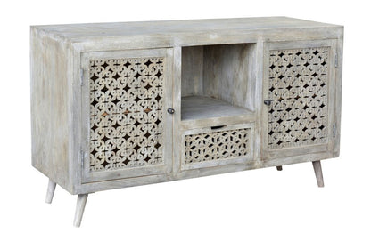 55" Gray Solid Wood Cabinet Enclosed Storage Worn TV Stand HomeRoots