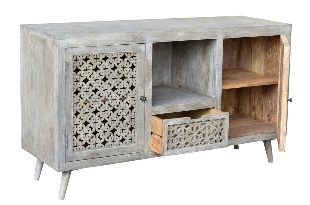 55" Gray Solid Wood Cabinet Enclosed Storage Worn TV Stand HomeRoots