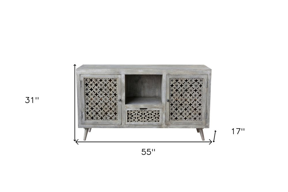 55" Gray Solid Wood Cabinet Enclosed Storage Worn TV Stand HomeRoots