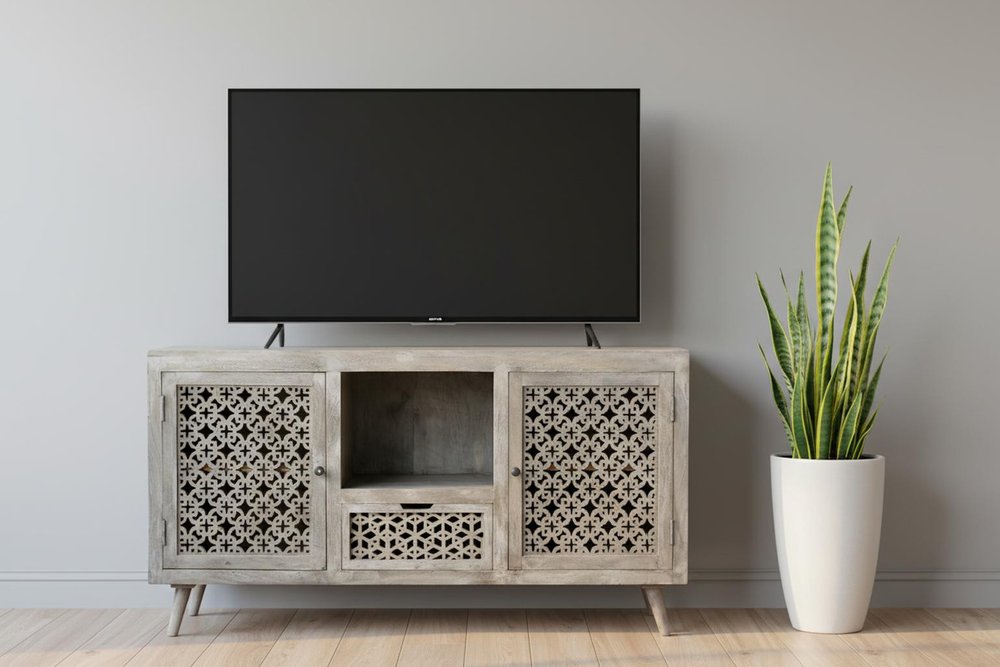 55" Gray Solid Wood Cabinet Enclosed Storage Worn TV Stand HomeRoots
