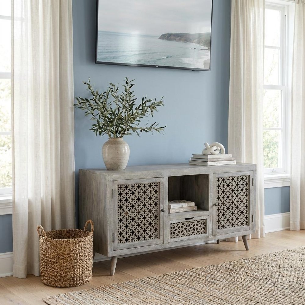55" Gray Solid Wood Cabinet Enclosed Storage Worn TV Stand HomeRoots