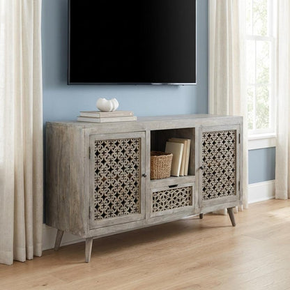 55" Gray Solid Wood Cabinet Enclosed Storage Worn TV Stand HomeRoots