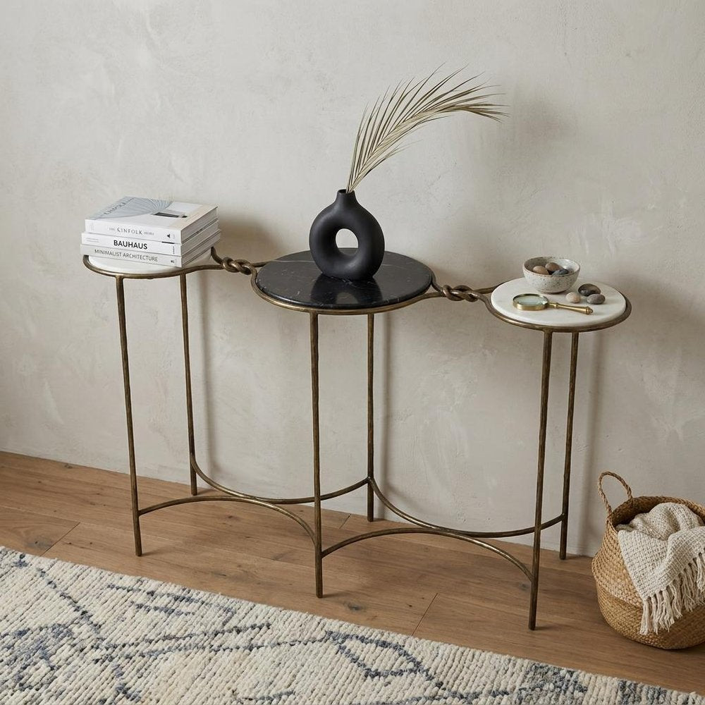 50" Black White And Gold Genuine Marble Round Six Leg Console Table HomeRoots