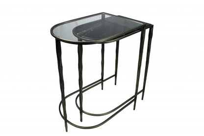 Set of Two 25" Black And Clear Glass And Genuine Marble Half Circle Three Leg Console Table HomeRoots