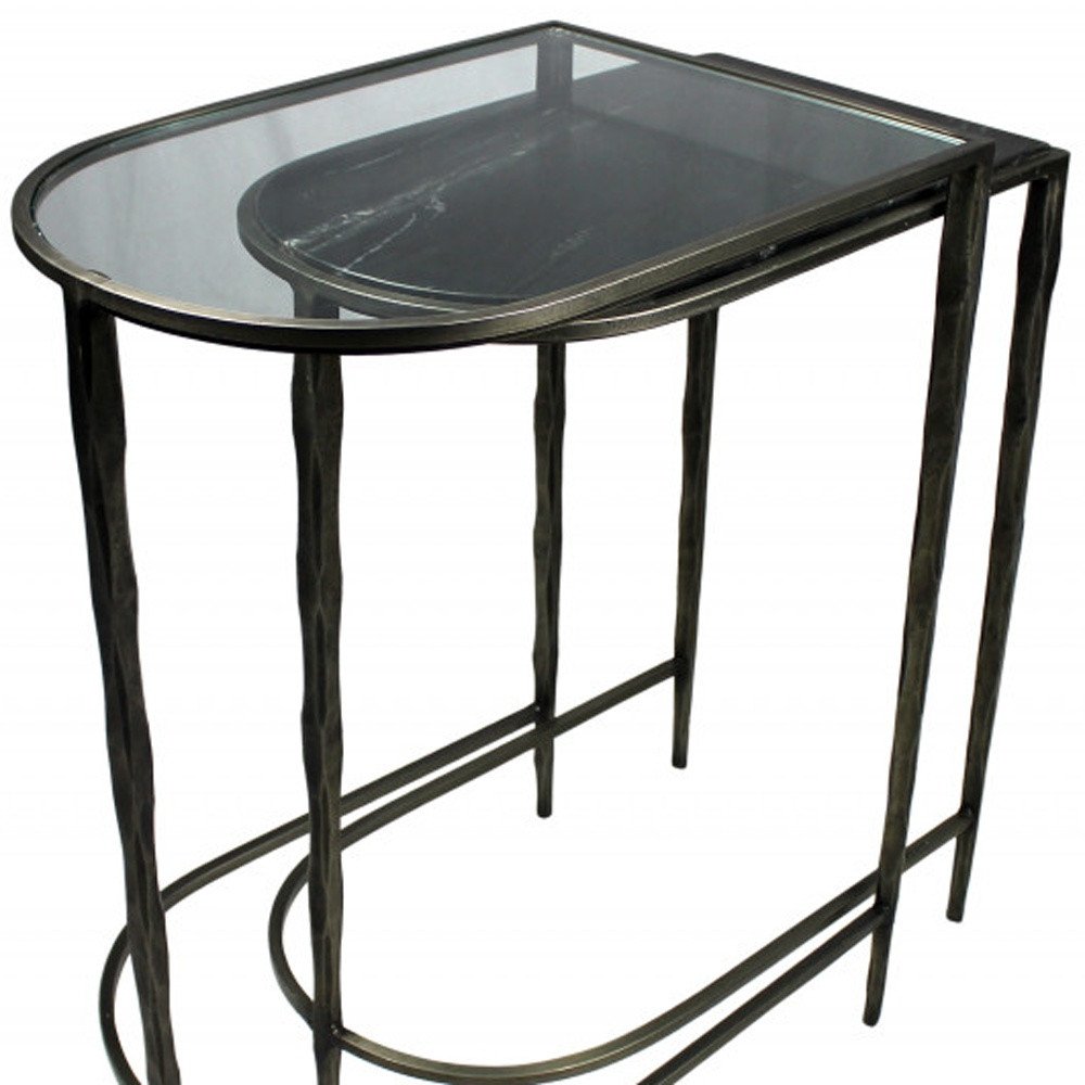 Set of Two 25" Black And Clear Glass And Genuine Marble Half Circle Three Leg Console Table HomeRoots