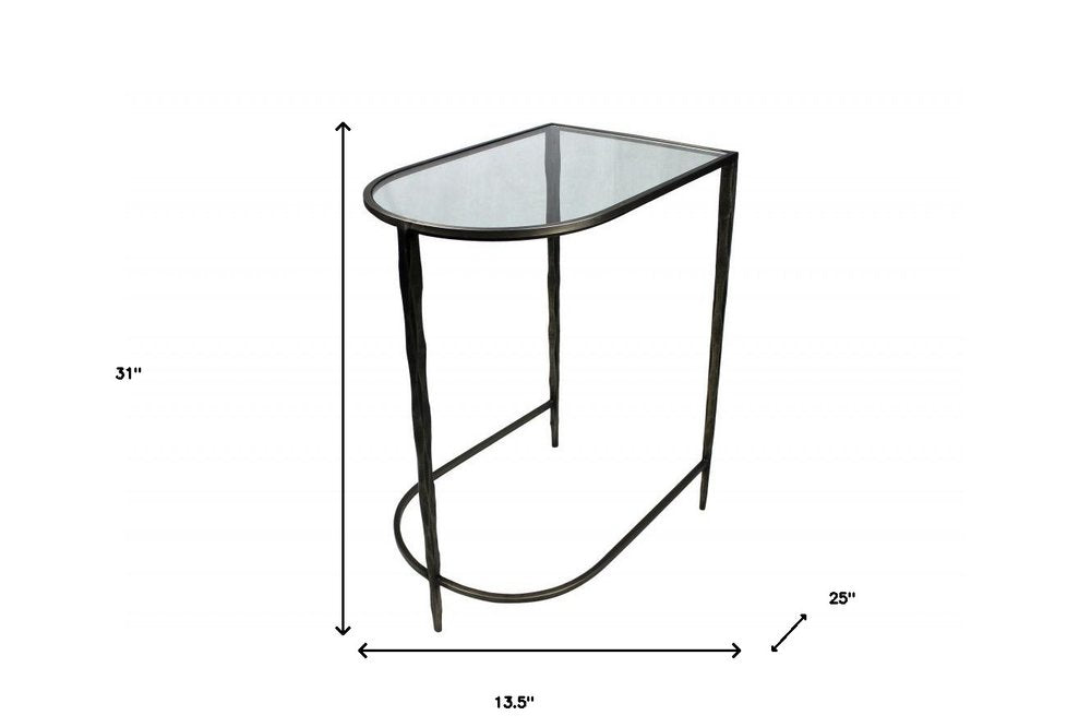Set of Two 25" Black And Clear Glass And Genuine Marble Half Circle Three Leg Console Table HomeRoots