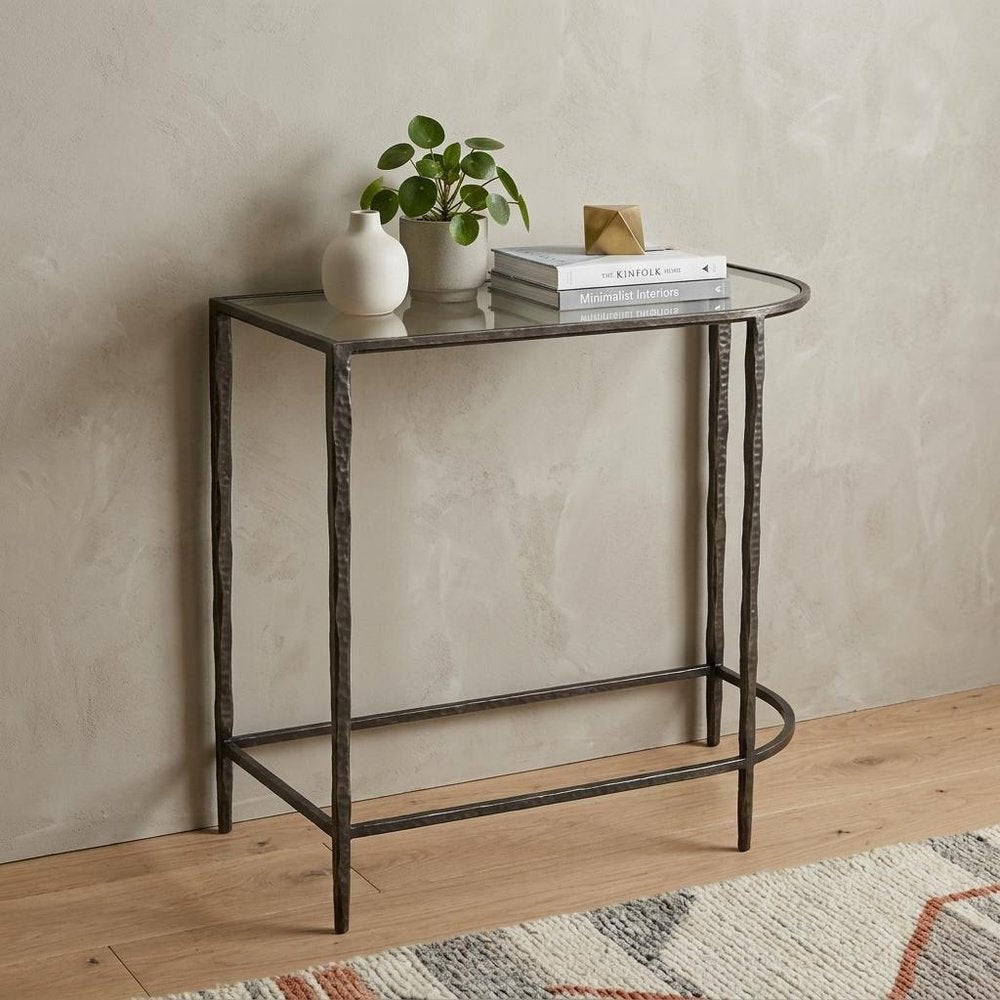 Set of Two 25" Black And Clear Glass And Genuine Marble Half Circle Three Leg Console Table HomeRoots