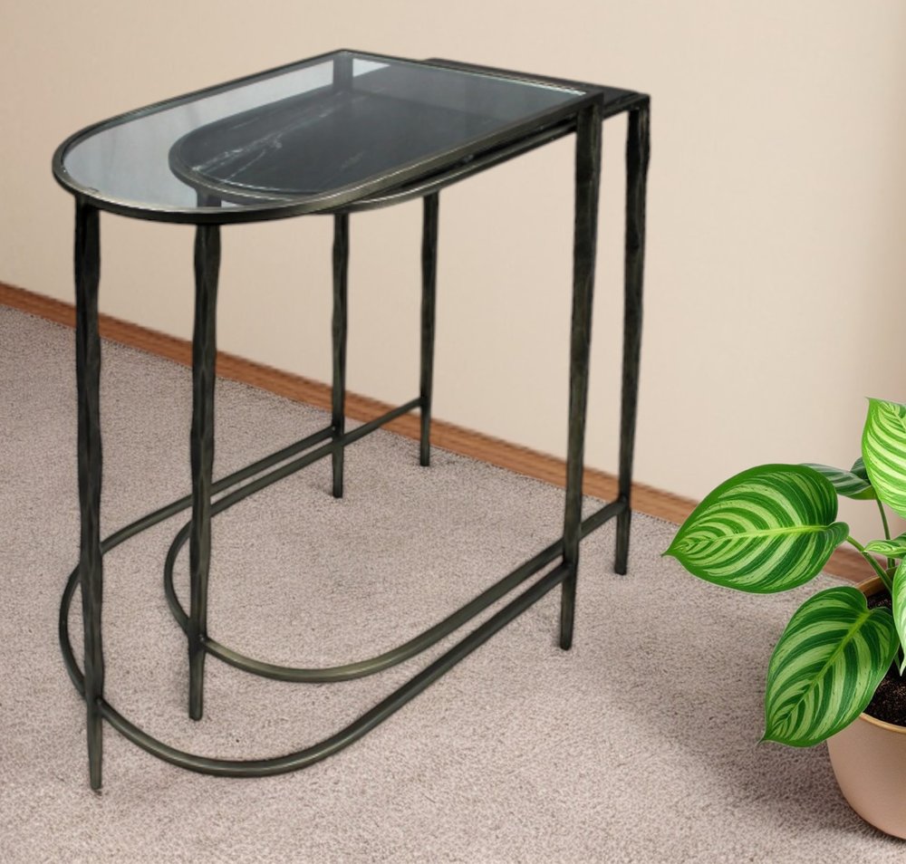 Set of Two 25" Black And Clear Glass And Genuine Marble Half Circle Three Leg Console Table HomeRoots