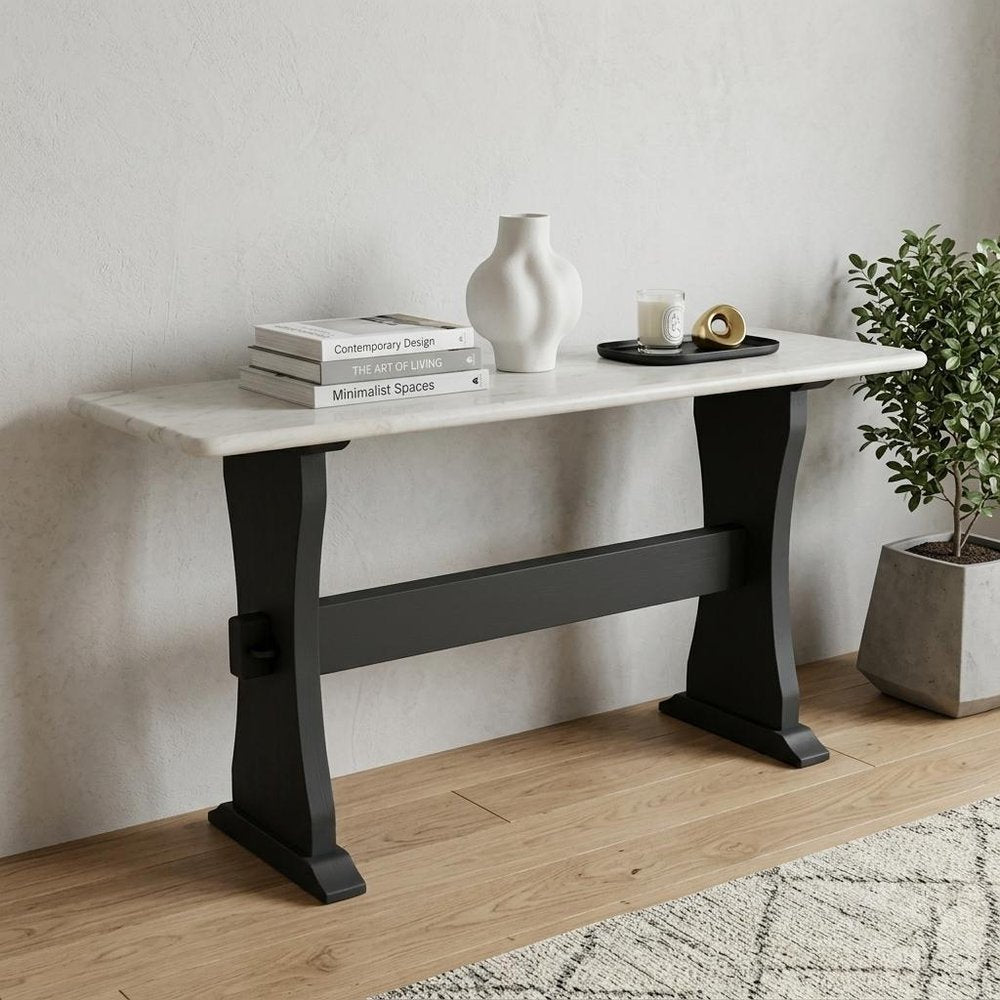 70" Ivory and Black Genuine Marble and Solid Wood Trestle Console Table HomeRoots