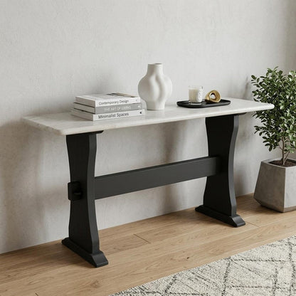 70" Ivory and Black Genuine Marble and Solid Wood Trestle Console Table HomeRoots