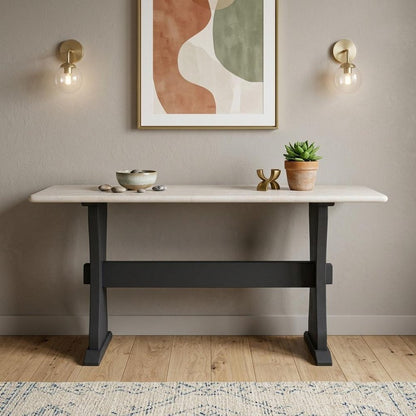 70" Ivory and Black Genuine Marble and Solid Wood Trestle Console Table HomeRoots