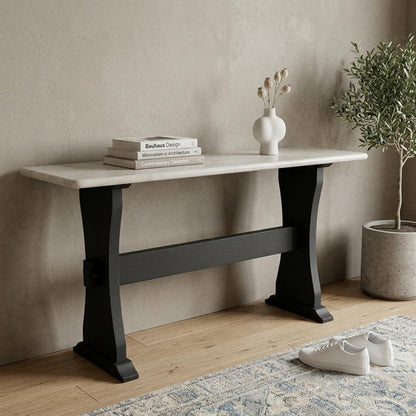70" Ivory and Black Genuine Marble and Solid Wood Trestle Console Table HomeRoots